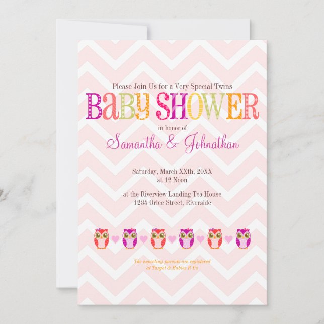 Hiboux de bébé - invitation jumelle de baby shower (Devant)