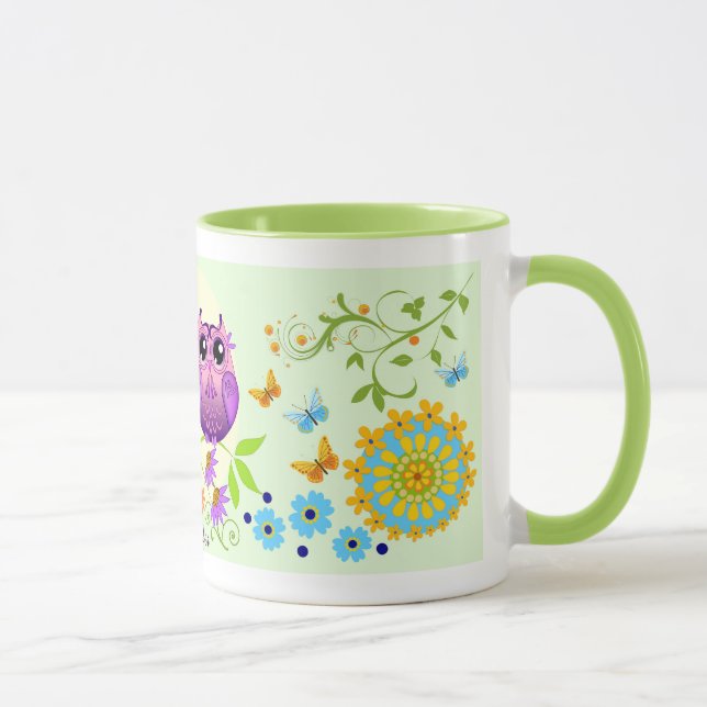 Hiboux mignons d'été, fleurs et tasse nommée faite (Droite)