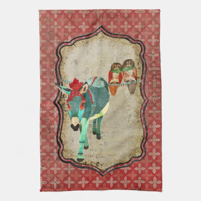 Hiboux roses et serviette rouge d'âne (Vertical)