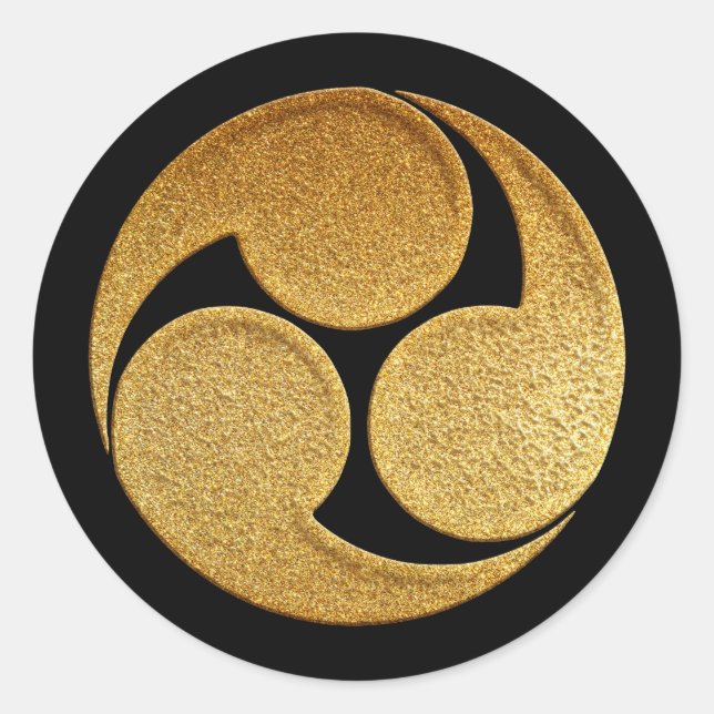 Hidari Mitsu Tomoe Kamon in Gold Runder Aufkleber (Vorderseite)