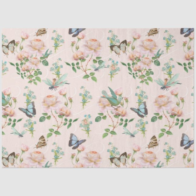 Hidden Fairy Blush Pink Floral Dragonfly Butterfly Seidenpapier (Vorderseite)