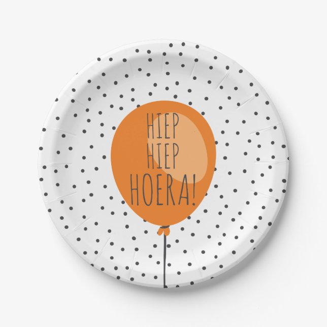 Hiep Hiep Hoera Orange Balloon Dutch Birthday Pappteller (Vorderseite)