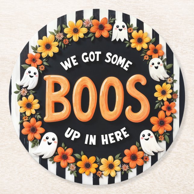 Hier für Boos Fun Halloween-Party Gefallen Runder Pappuntersetzer (Vorderseite)