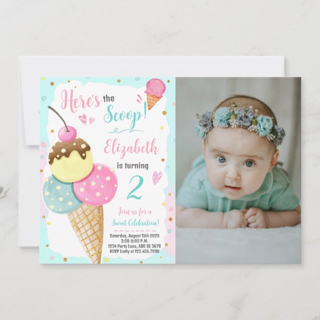 Hier ist das Scoop Ice Cream Birthday Foto Einladung (Vorderseite)