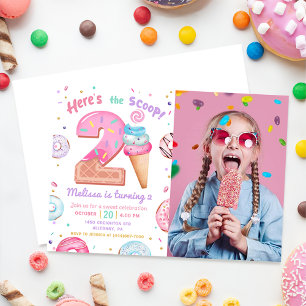 Hier ist das Scoop Ice Cream Donut Birthday Foto Einladung