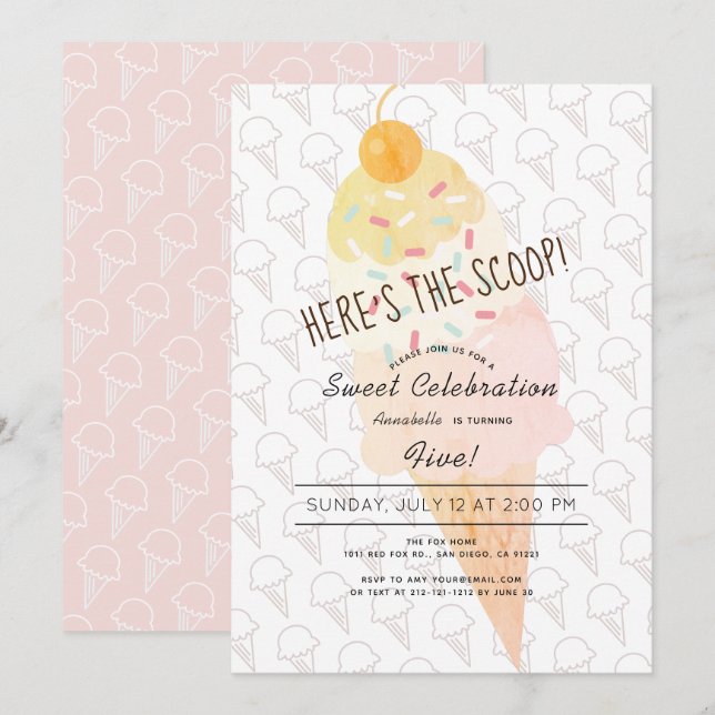 Hier ist das Scoop Ice Cream Girl Pink zum Geburts Einladung (Vorne/Hinten)