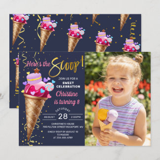 Hier ist das Scoop Ice Cream Party Navy Blue Foto Einladung