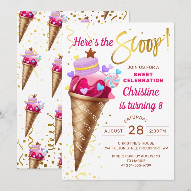 Hier ist das Scoop Pink Gold Ice Cream Birthday Einladung (Vorne/Hinten)