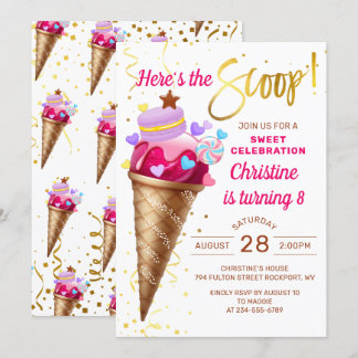 Hier ist das Scoop Pink Gold Ice Cream Birthday Einladung