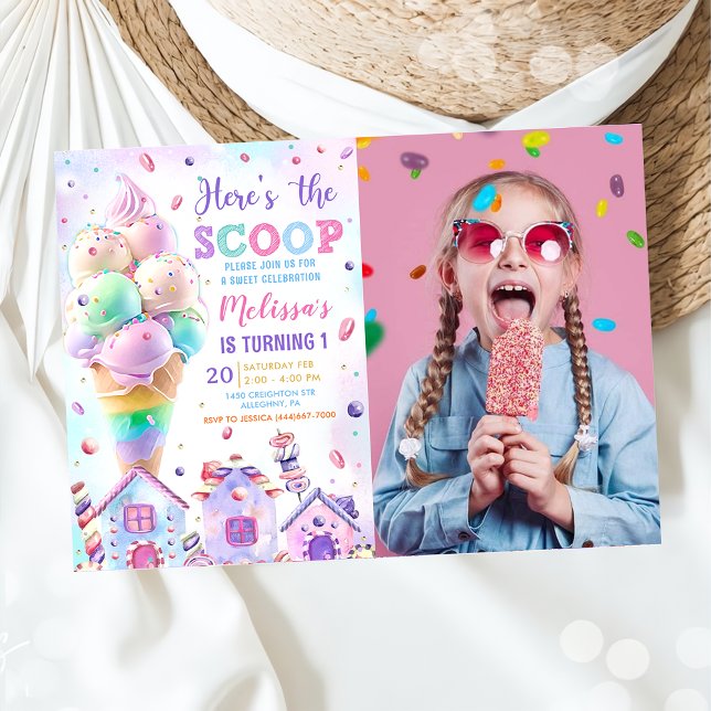 Hier ist das Scoop Pink Ice Cream Birthday Foto Einladung (Von Creator hochgeladen)