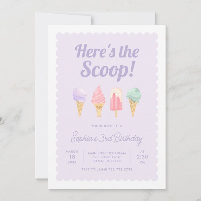 Hier ist die Einladung von Scoop Ice Cream Birthda (Vorderseite)
