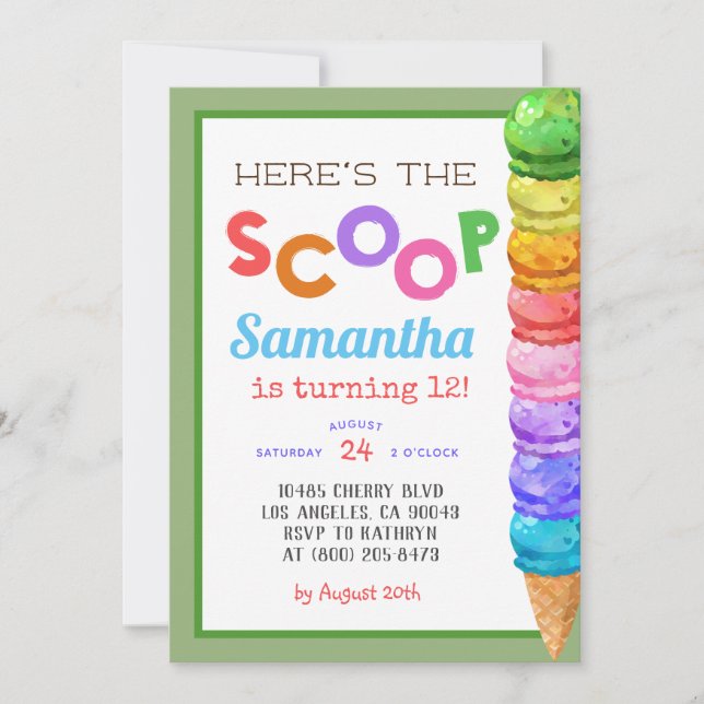 Hier ist die Einladung von Scoop Ice Cream Birthda (Vorderseite)
