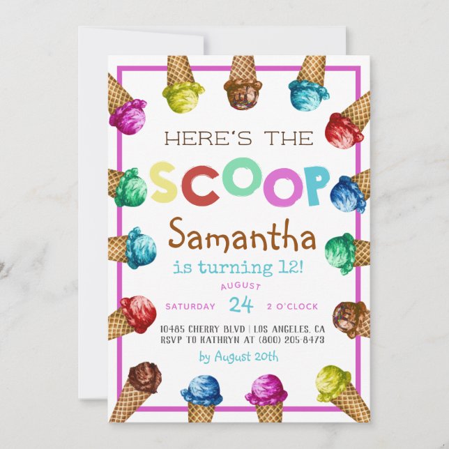 Hier ist die Einladung von Scoop Ice Cream Birthda (Vorderseite)