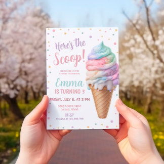Hier ist die Schotterpastel Pink Ice Cream Geburts Einladung