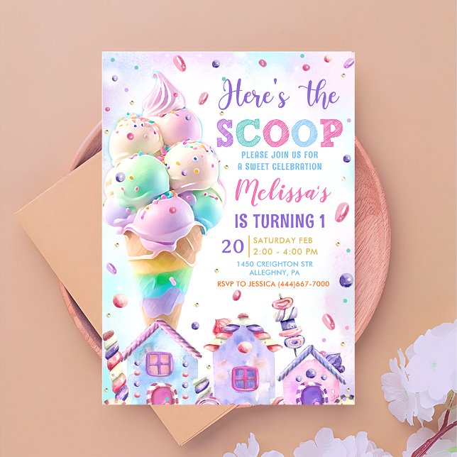 Hier ist die Schotterpastel Pink Ice Cream Geburts Einladung (Von Creator hochgeladen)