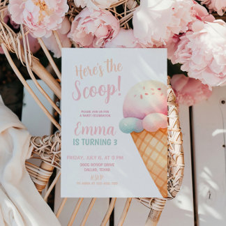Hier ist die Schotterpastel Pink Ice Cream Geburts Einladung