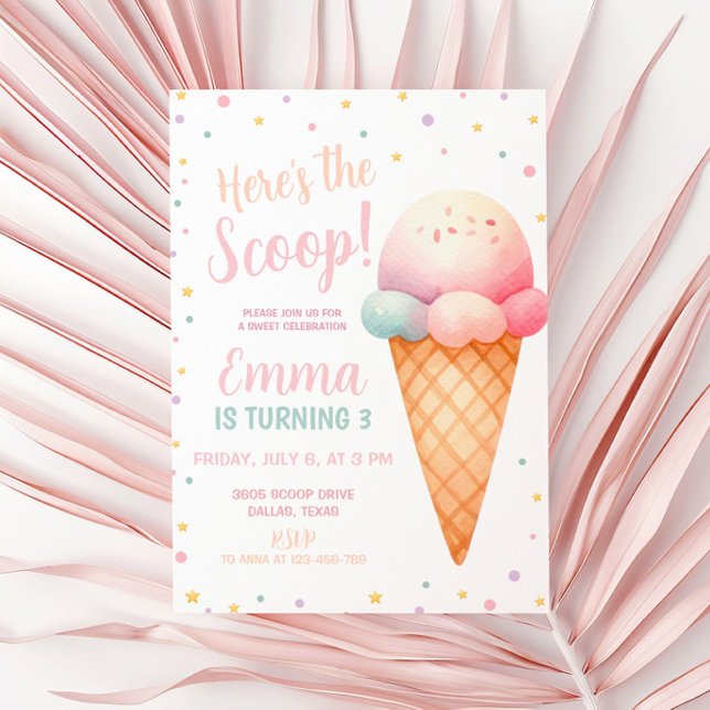 Hier ist die Schotterpastel Pink Ice Cream Geburts Einladung (Von Creator hochgeladen)