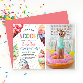 Hier ist die Scoop Girls Ice Cream 1. Geburtstag Einladung