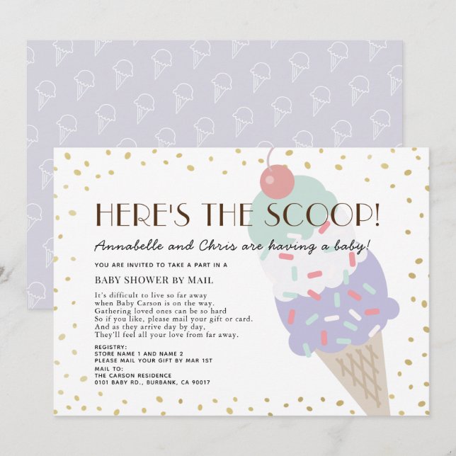 Hier ist die Scoop Ice Cream Baby Shower by Mail Einladung (Vorne/Hinten)
