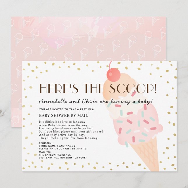 Hier ist die Scoop Ice Cream Baby Shower by Mail Einladung (Vorne/Hinten)