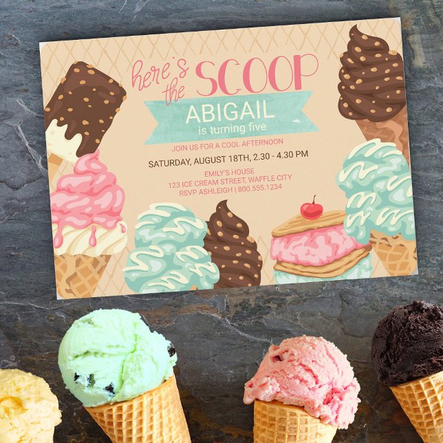 Hier ist die Scoop Ice Cream Birthday Party Einladung (Von Creator hochgeladen)