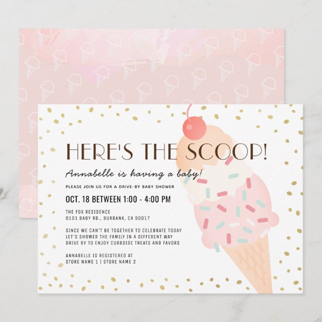 Hier ist die Scoop Ice Cream Drive by Baby Shower Einladung (Vorne/Hinten)