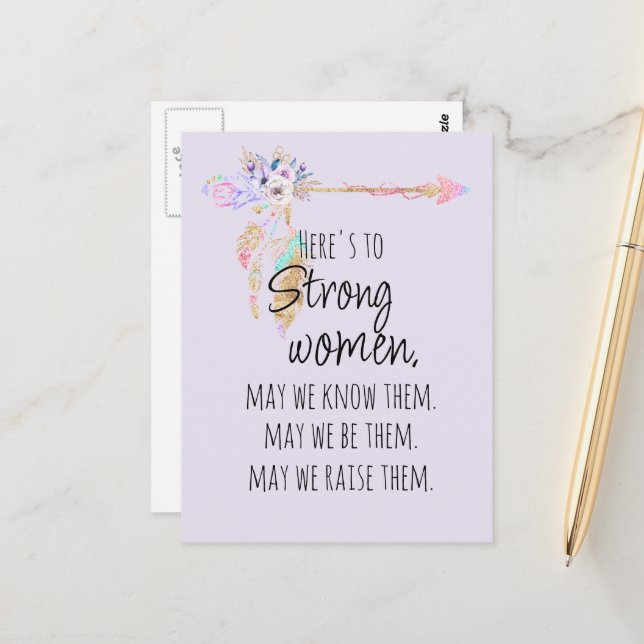 Hier ist zu Strong Women Boho Floral Arrow Lilac Postkarte (Vorderseite/Rückseite Beispiel)