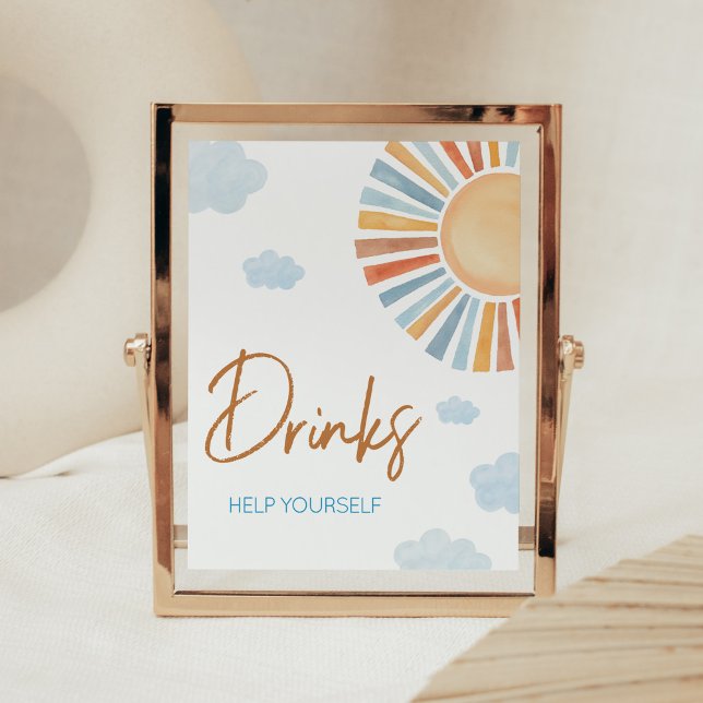 Hier kommen die Sun Baby Duschgetränke Poster (Blue Boho Sunshine Baby Shower Drinks Sign)