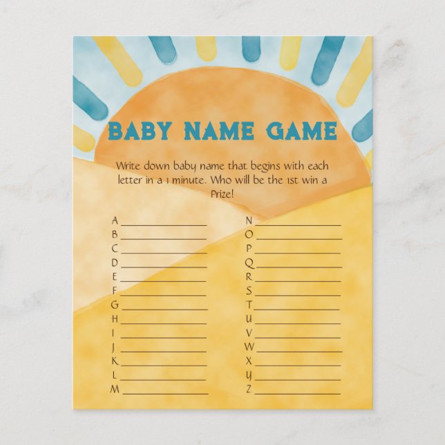 Hier kommt Blue Ray Sunshine Baby Dusche Name Spie (Vorderseite)