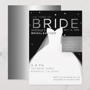 Hier kommt BRIDE Schwarz Silber Weiß Junggesellinn Einladung