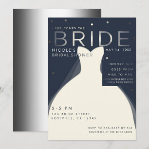 Hier kommt BRIDE Silver & Blue Chic Brautparty Einladung