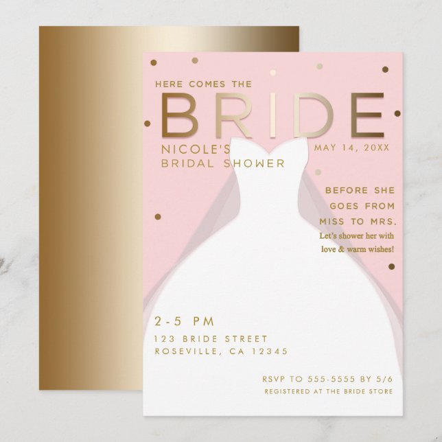 Hier kommt das BRIDE Chic Pink Gold Brautparty Einladung (Vorne/Hinten)
