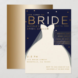 Hier kommt das BRIDE Navy Blue & Gold Brautparty Einladung