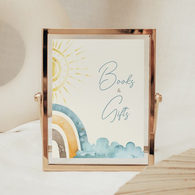 Hier kommt das Son Retro Baby Bücher und Geschenke Poster (Boho Here Comes The Sun Baby Shower Books and Gifts Sign)