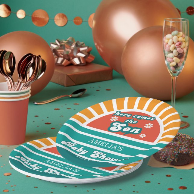 Hier kommt das Son Retro Baby Shower Party Pappteller (Multi)