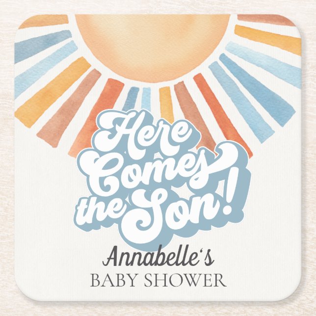 Hier kommt das Son Sunshine Boy Baby Shower Party Rechteckiger Pappuntersetzer (Vorderseite)