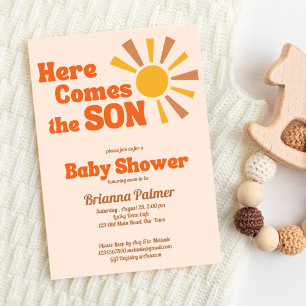 Hier kommt der Sohn Baby Dusche Groovy Retro Einladung
