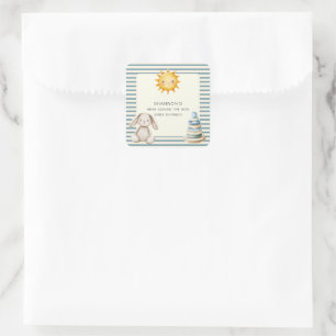Hier kommt der Sohn Baby Shower Blau gestreift Quadratischer Aufkleber