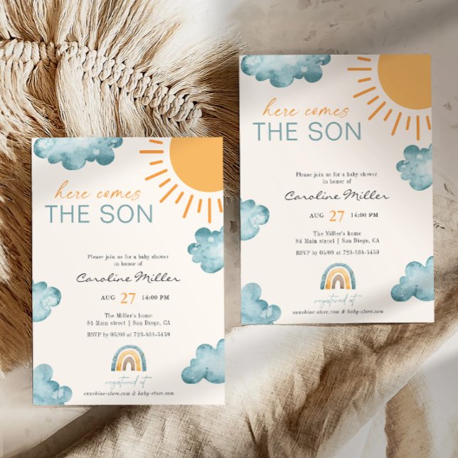 Hier kommt der Sohn Baby Shower Boy Blue Einladung (Von Creator hochgeladen)
