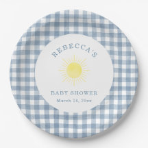 Hier kommt der Sohn Blue Gingham Boy Baby Shower
