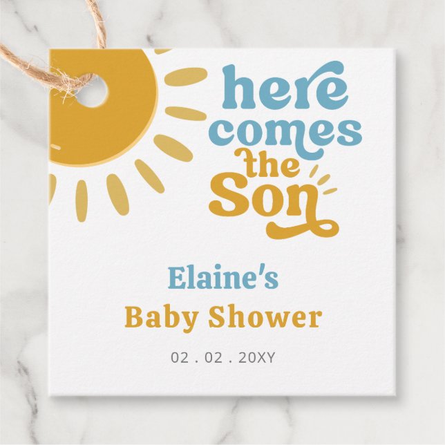 Hier kommt der Sohn Boho Retro Babydusche Geschenkanhänger (Vorderseite)