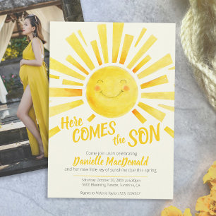 Hier kommt der Sohn gelbe Sonne Foto Babyparty Einladung