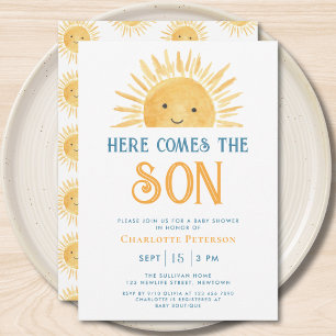 Hier kommt der Sohn Gelbe Sunshine-Baby-Party Einladung