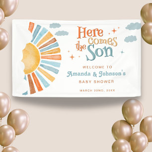 Hier kommt der Sohn Junge Baby Shower Willkommen Banner