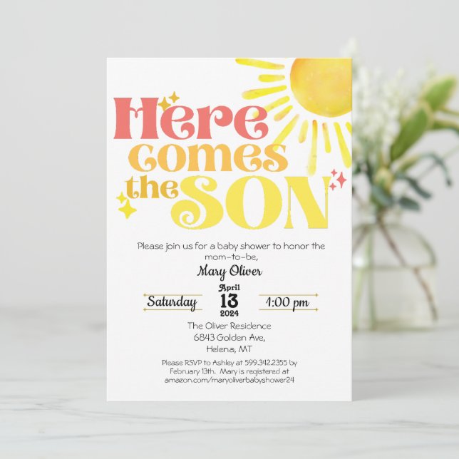 Hier kommt der Son Baby Shower Invitation Boy Son Einladung (Stehend Vorderseite)