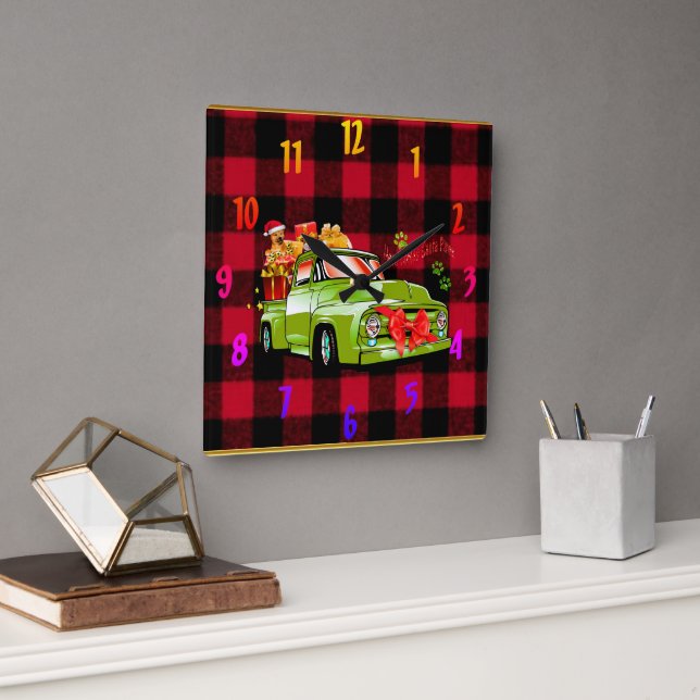 Hier kommt der Weihnachtsbaumwagen Quadratische Wanduhr (Büro)