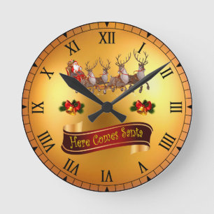 Hier kommt der Weihnachtsmann und seine Rentiere ~ Runde Wanduhr