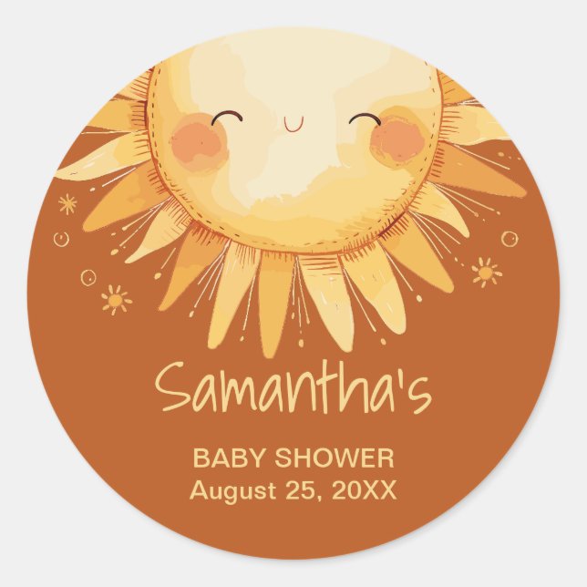 Hier kommt die Baby-Duschkarte Sun Boho Runder Aufkleber (Vorderseite)