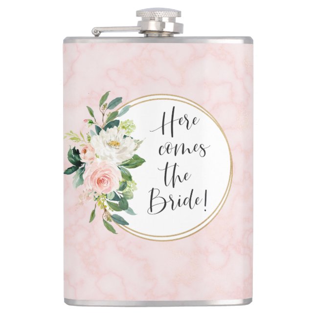 Hier kommt die Braut Blush Pink Floral Flachmann (Vorderseite)