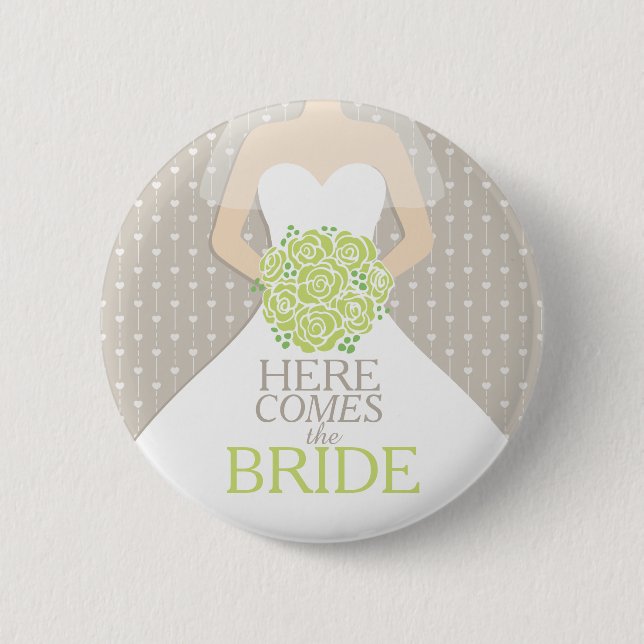 Hier kommt die Braut grüne Rose Probe Hochzeit Button (Vorderseite)